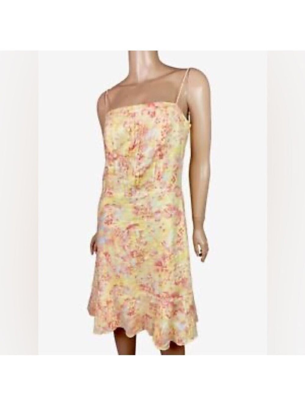 Ann Taylor Floral Linen Flounce Hem Spaghetti Strap A-Line Midi Dress